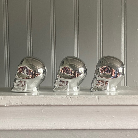 NWT Set of 3 Ceramic- Silver Pearl Finish Halloween Skull 💀 Decorations - Picture 13 of 17